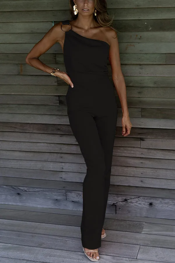 Aisla One-Shoulder Ring Detail Tailored Jumpsuit women jumpsuits Castello Clothing Line
