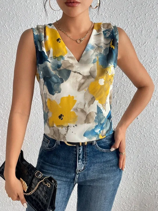 Petal Pop Sleeveless V-Neck Floral Print Blouse Castello Clothing Line
