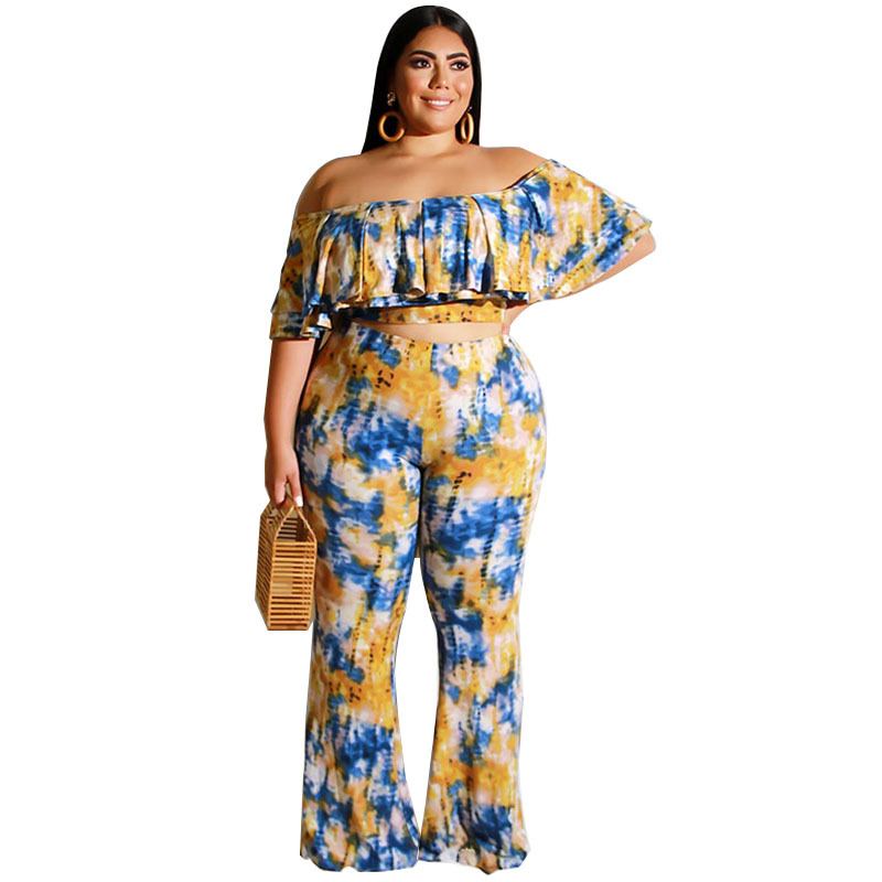 Plus Size Tie Dye Off Shoulder Top & Pants Set - Stylish and Comfortable Off The Shoulder Ruffle Crop Top with Flare Long Pants  Castello Clothing Line   