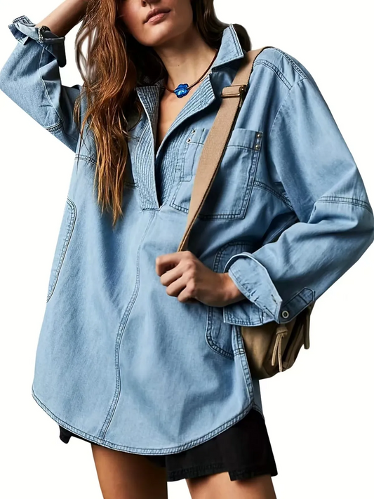 Sable Oversized Long Sleeve Denim Pullover Shirt Castello Clothing Line