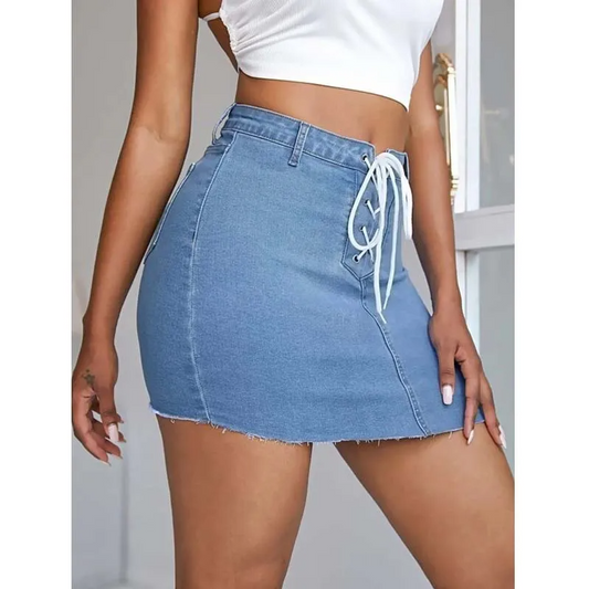 Laced Up & Ready Denim Mini Skirt  Castello Clothing Line   