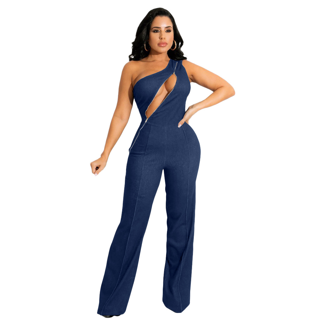 Madeline One-Shoulder Cutout Denim Jumpsuit women jumpsuits Castello Clothing Line