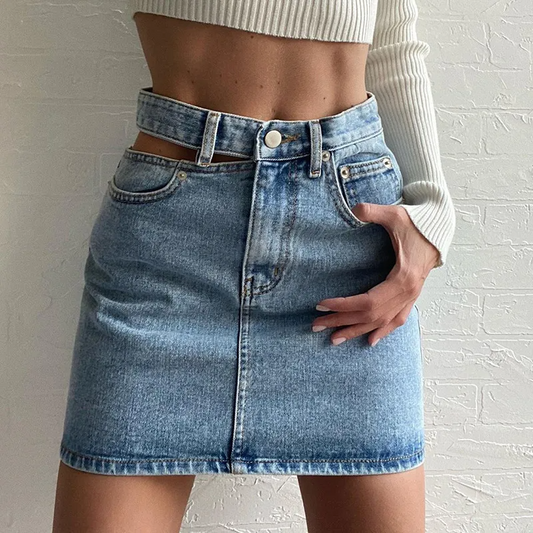 Double Take Cut-Out Denim Mini Skirt  Castello Clothing Line   