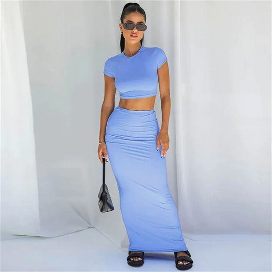 Shaya Cropped Tee Ruched Maxi Skirt Set skirt set Castello Clothing Line