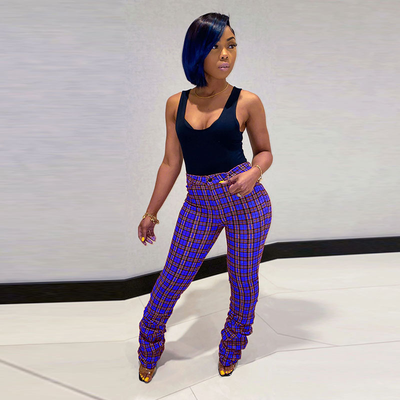 Vienna High-Waist Ruched Plaid Flare Pants Castello Clothing Line