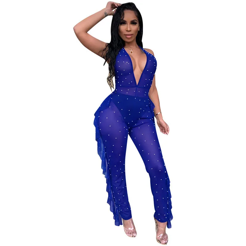 Tiffany Sheer Pearl Embellished Backless Halter Jumpsuit bodycon jumpsuit Castello Clothing Line