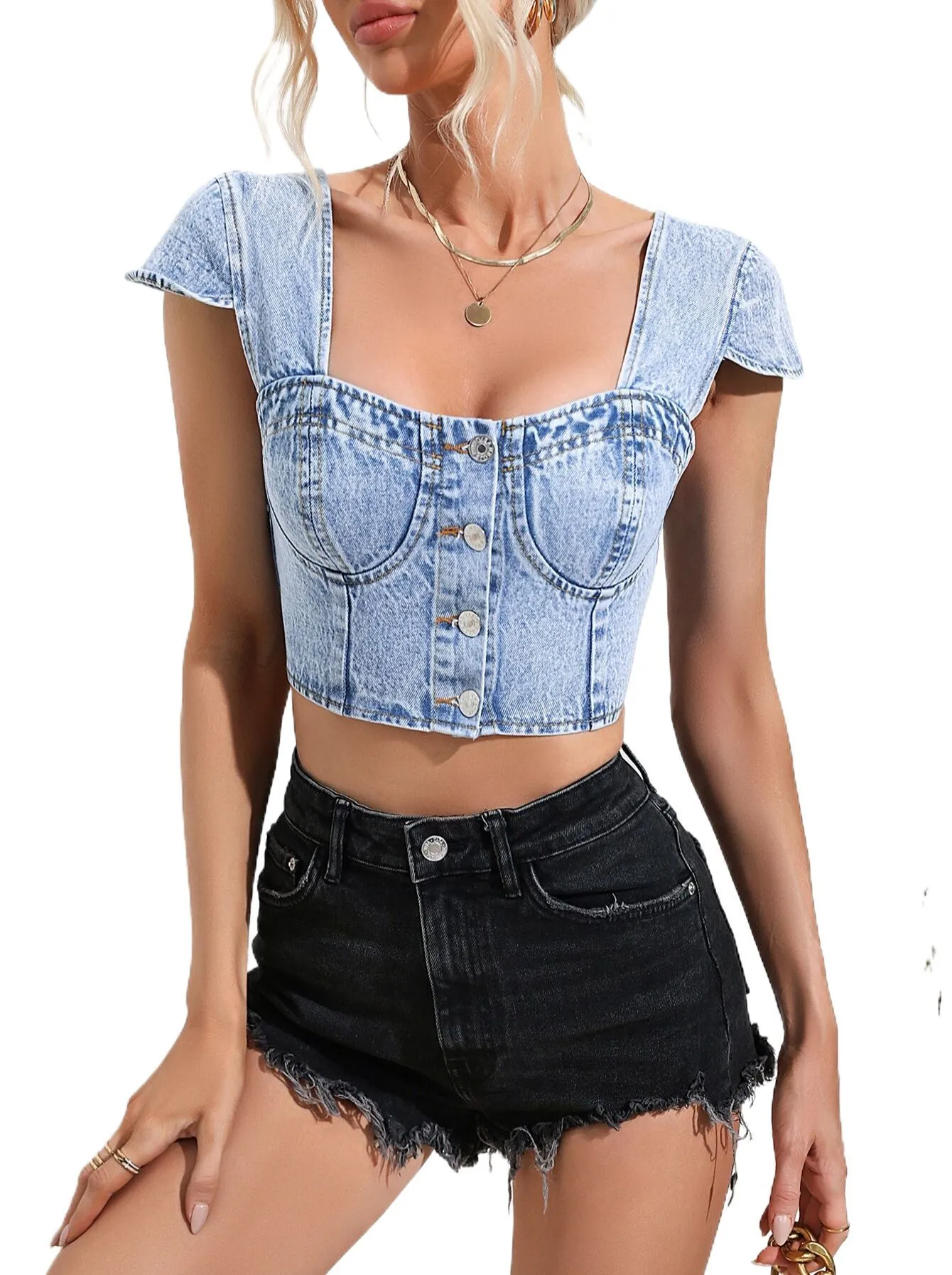 Vixen Button-Up Denim Corset Crop Top Castello Clothing Line