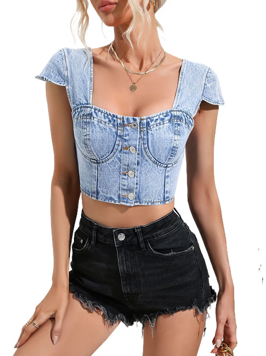 Vixen Button-Up Denim Corset Crop Top Castello Clothing Line