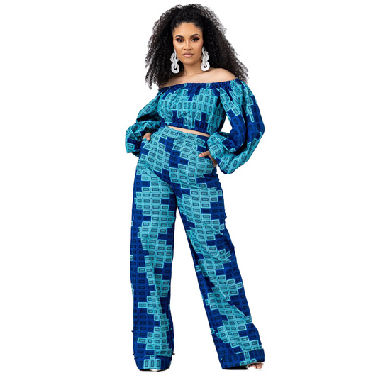 Plus Size Off Shoulder 2-Piece Pants Set with Long Puff Sleeves and High Waisted Pants  Castello Clothing Line   
