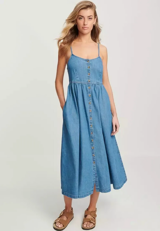 Paige Spaghetti Strap Button Front Smocked Denim Midi Dress midi dress Castello Clothing Line
