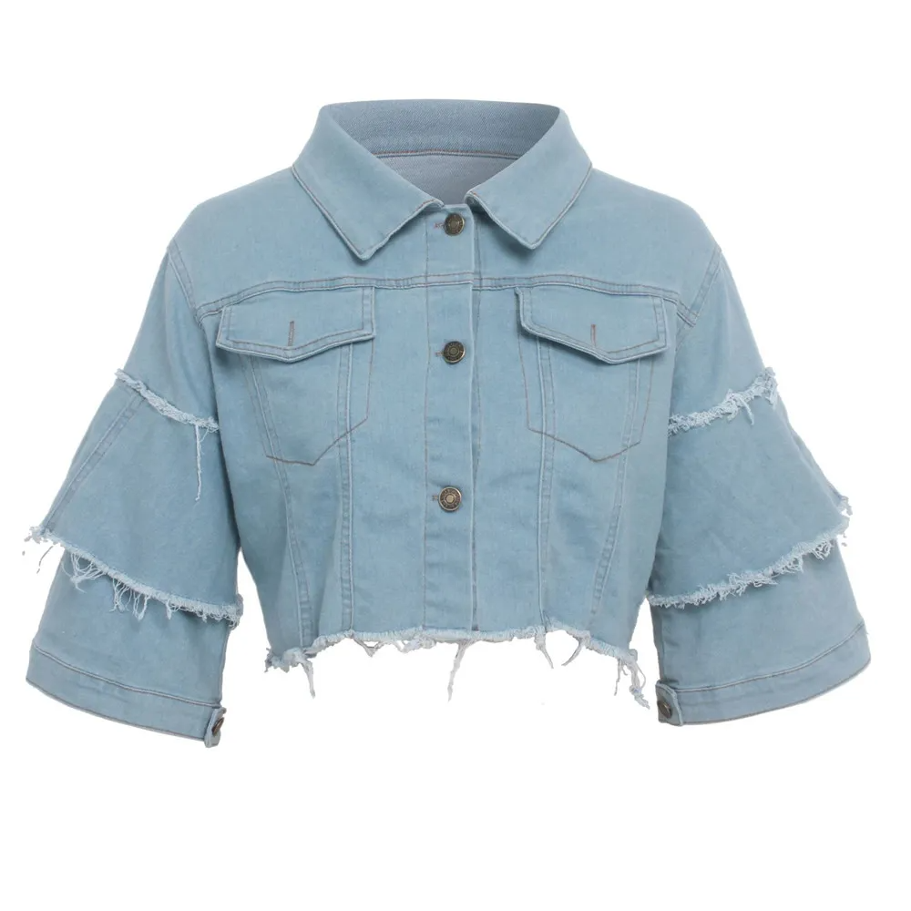 Vandal Ruffle Sleeve Frayed Hem Cropped Denim Jacket Castello Clothing Line