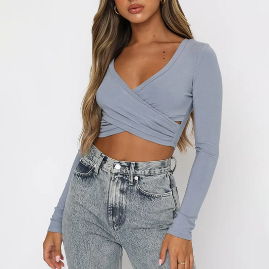 Wrap It Right V-Neck Long Sleeve Crop Top  Castello Clothing Line   