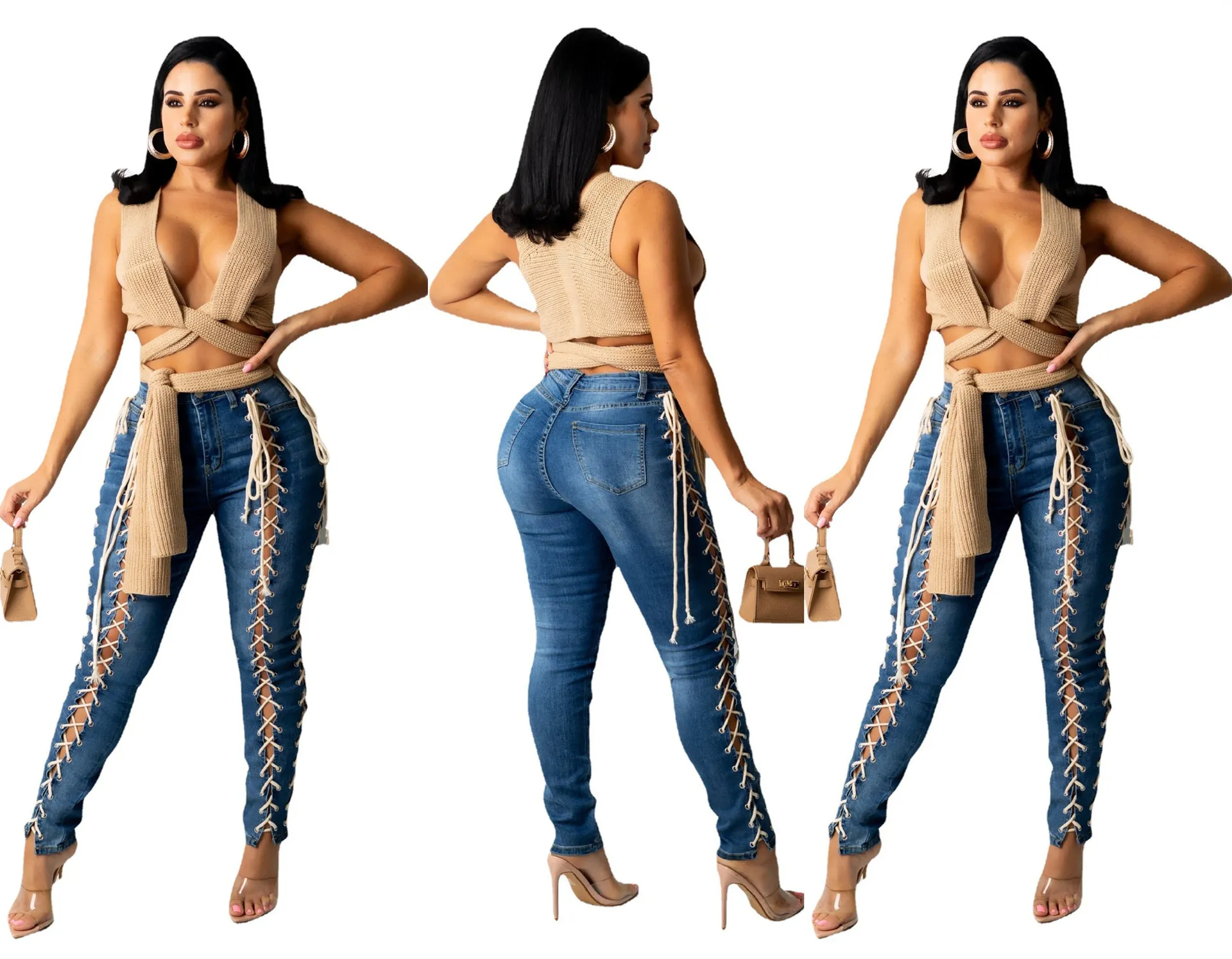 Mid Rise Lace Up Jeans  Castello Clothing Line   