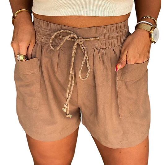 CozyFlow High Waist Drawstring Linen Pocket Shorts  Castello Clothing Line   