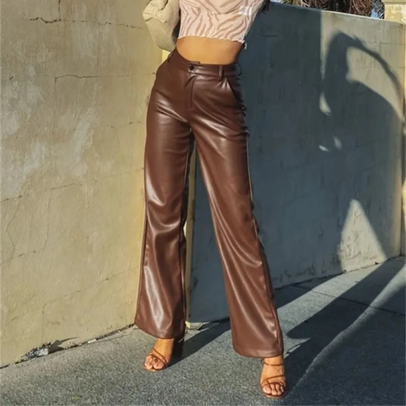 Kova High-Waisted Faux Leather Wide Leg Pants Castello Clothing Line