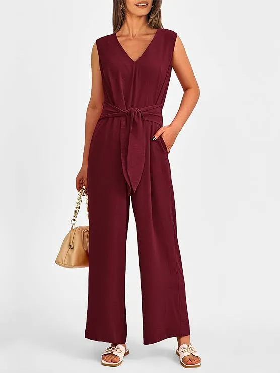 Genesis Sleeveless V-Neck Belted Wide-Leg Jumpsuit women jumpsuits Castello Clothing Line