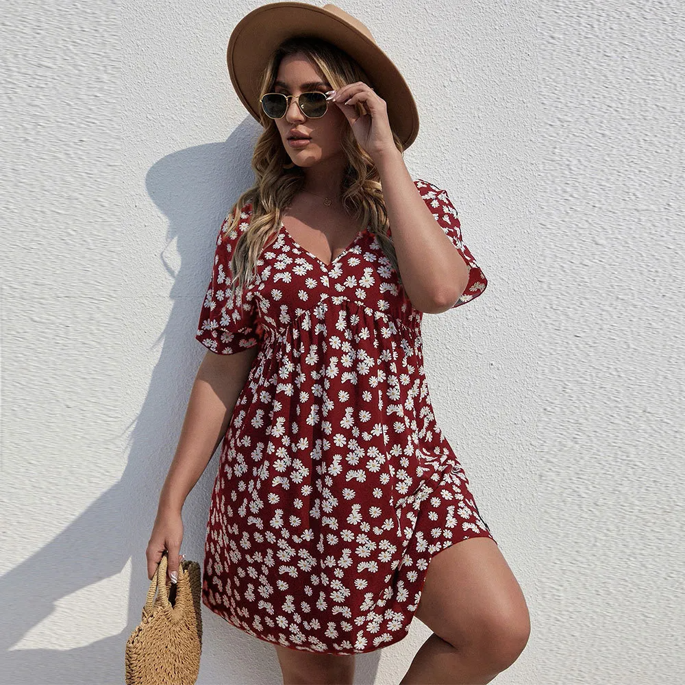 Dahlia V-Neck Floral Empire Waist Plus Size Mini Dress Castello Clothing Line