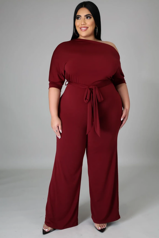 Abigail Plus Size Off-Shoulder Belted Wide-Leg Jumpsuit women jumpsuits Castello Clothing Line