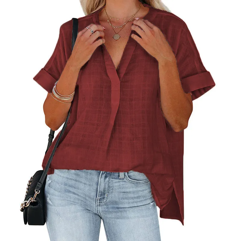 Reign Short Sleeve Textured Split V-Neck Blouse Castello Clothing Line
