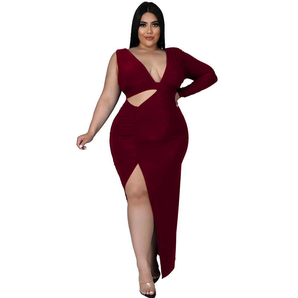 Amina Plus Size One-Shoulder Cutout Bodycon Maxi Dress maxi dress Castello Clothing Line