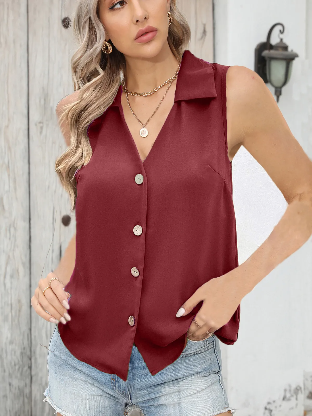 Easy Appeal Sleeveless Button-Up Collared Top Castello Clothing Line