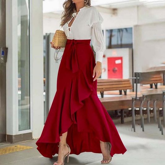 High Waist Ruffle Maxi Skirt - Elegant Fishtail Style, Polyester Fiber Material  Castello Clothing Line   