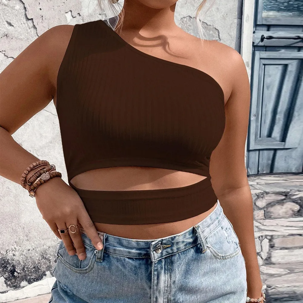 VivaCurve Ribbed One-Shoulder Cutout Crop Top  Castello Clothing Line   