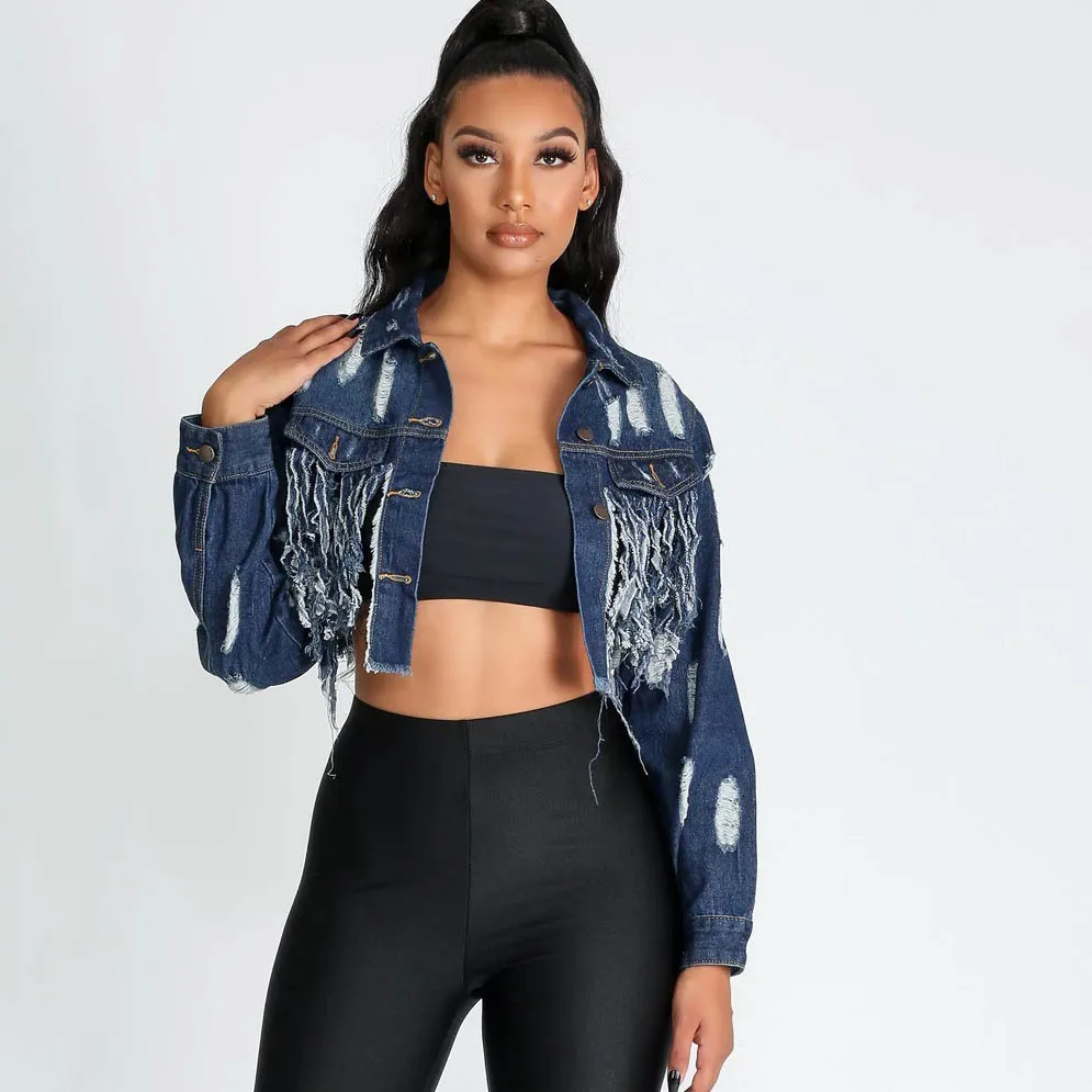 WildRush Distressed Long Sleeve Cropped Denim Jacket Castello Clothing Line