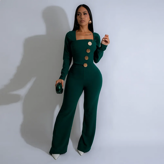 Emma Square Neck Long Sleeve Asymmetrical Button Jumpsuit women jumpsuits Castello Clothing Line