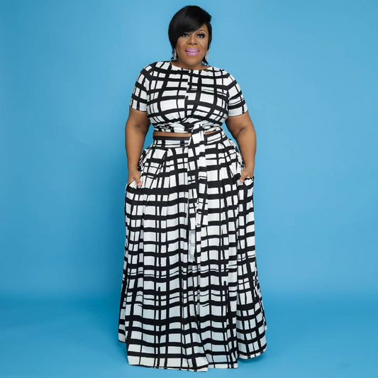 Plus Size Polyester Tie Blouse & Maxi Skirt 2-Piece Set  Castello Clothing Line   