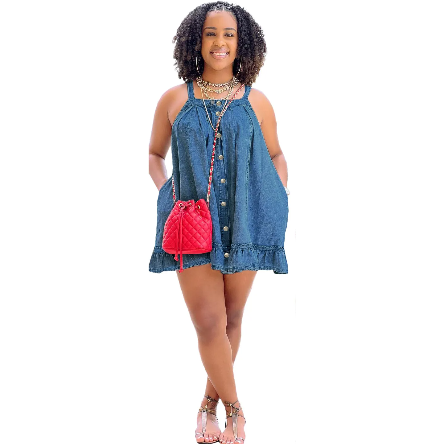Kaelin Ruffle Hem Sleeveless Denim Mini Babydoll Dress Castello Clothing Line