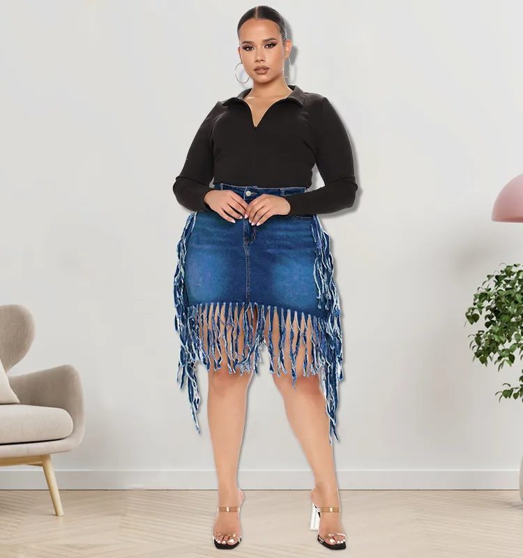 Fringe Frenzy Plus Size Denim Skirt  Castello Clothing Line   