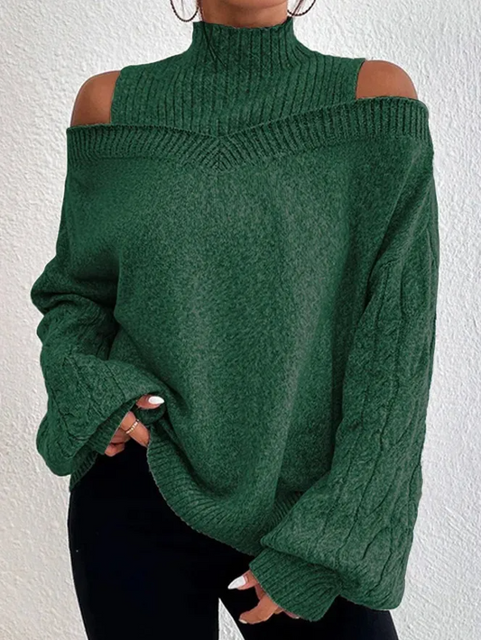 Exposed Knit Cold Shoulder Turtleneck Sweater Castello Clothing Line