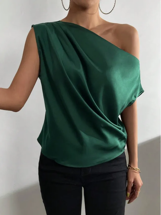 Edge Appeal One-Shoulder Satin Draped Top Castello Clothing Line