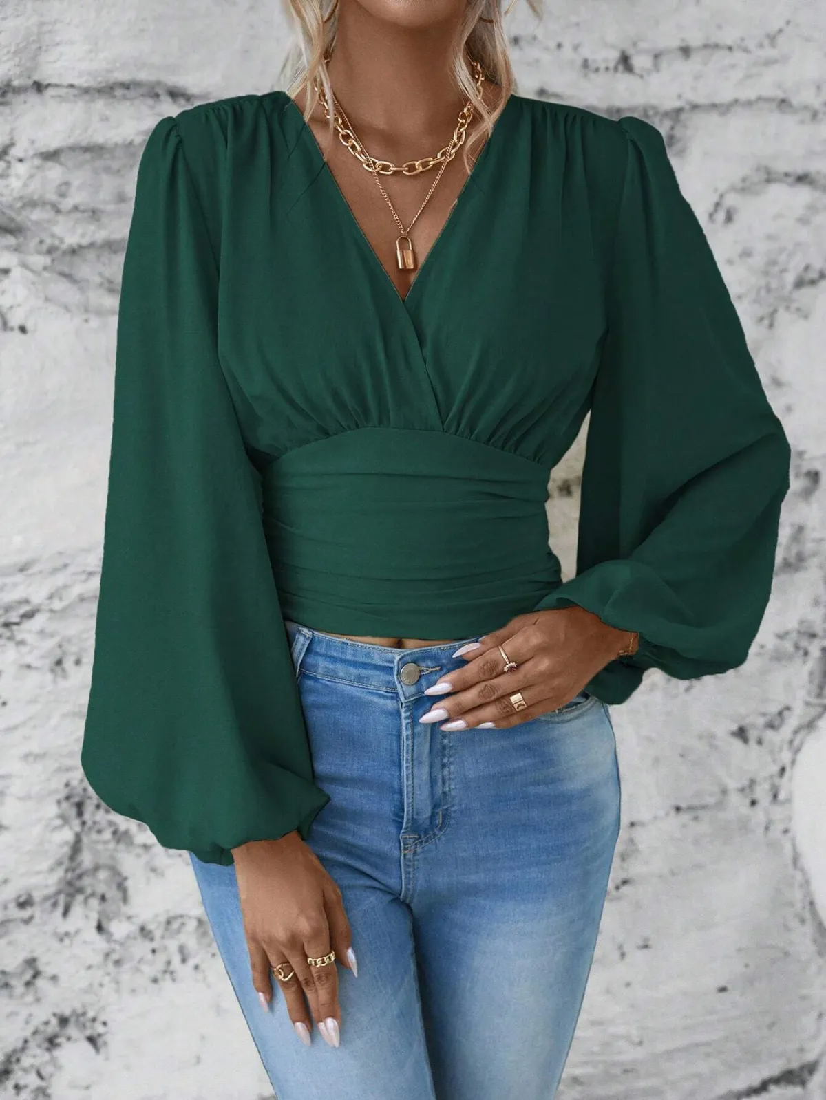 Seraphine Ruched V-Neck Long Sleeve Smocked Crop Top Castello Clothing Line