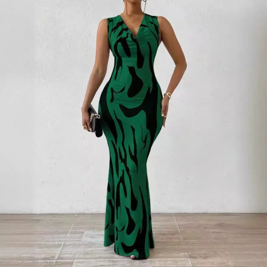 Genevieve Sleeveless Abstract Print Bodycon Maxi Dress maxi dress Castello Clothing Line