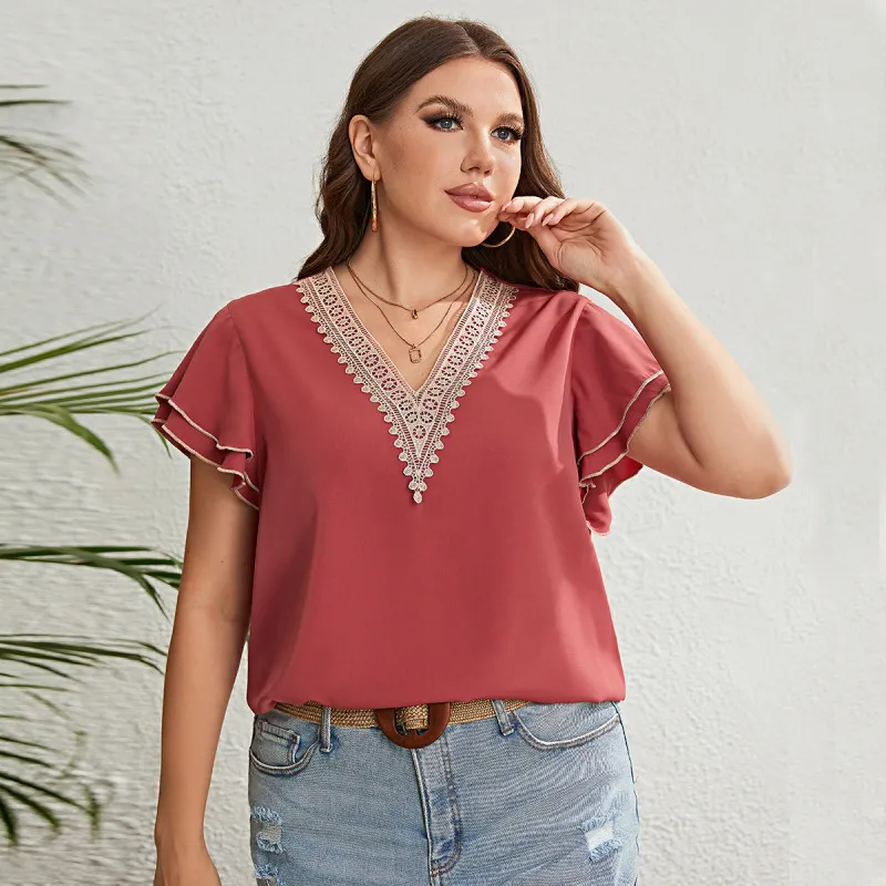Elysian Plus Size Lace-Trimmed Ruffle Sleeve V-Neck Blouse Castello Clothing Line