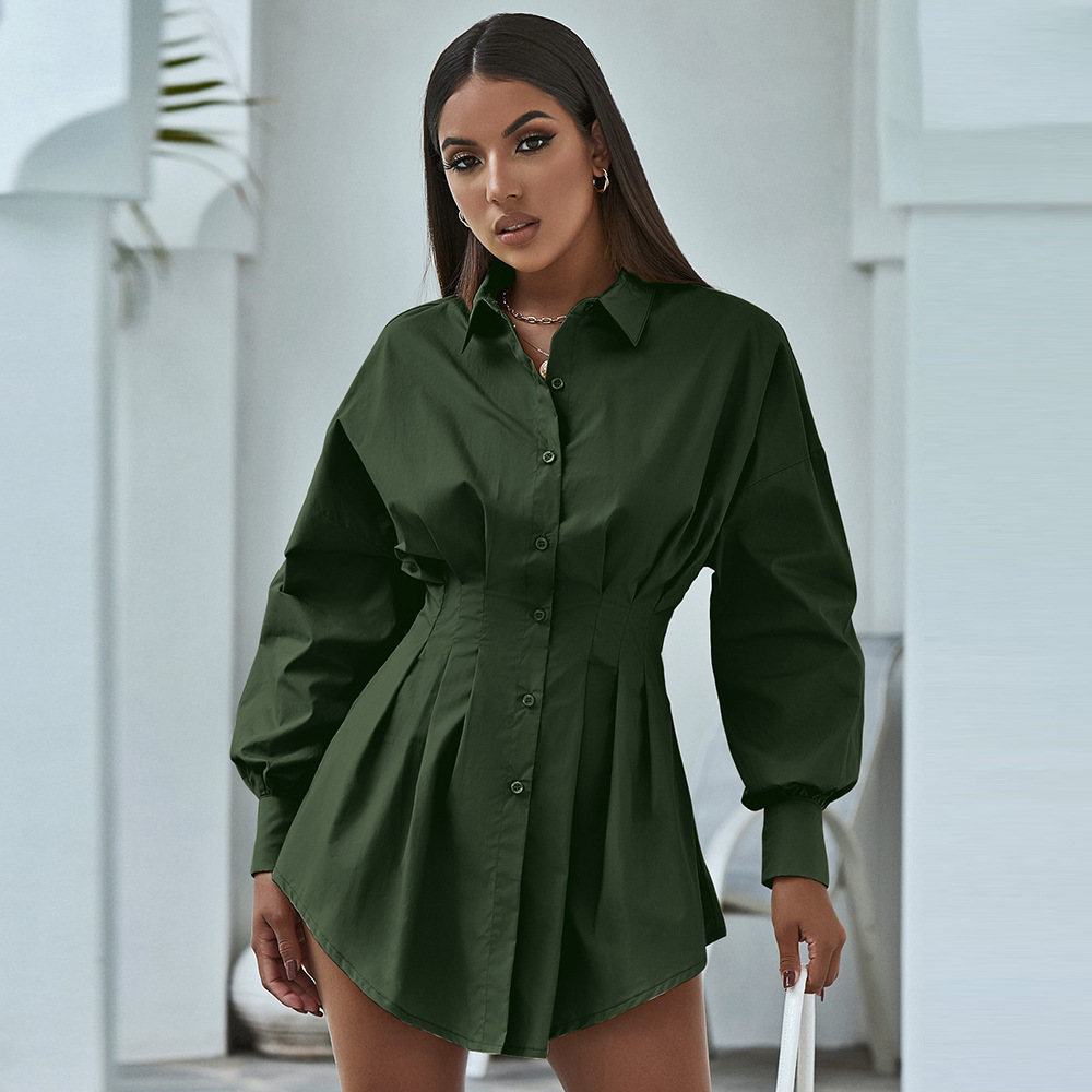 Lea Pleated Button-Up Collared Mini Shirt Dress Castello Clothing Line