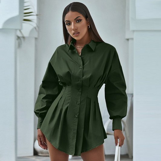 Lea Pleated Button-Up Collared Mini Shirt Dress Castello Clothing Line
