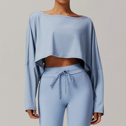 Caeli Long Sleeve Wide Neck Relaxed Cropped Top workout tops and t-shirts Castello Clothing Line
