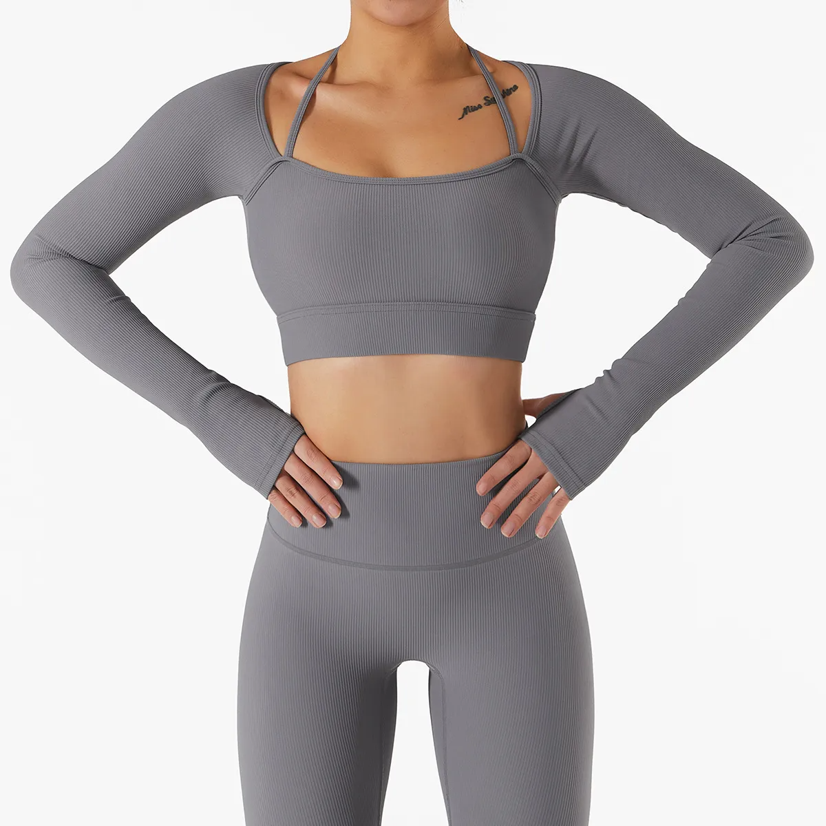 Ami Ribbed Long Sleeve Strappy Thumbhole Cropped Top workout tops and t-shirts Castello Clothing Line