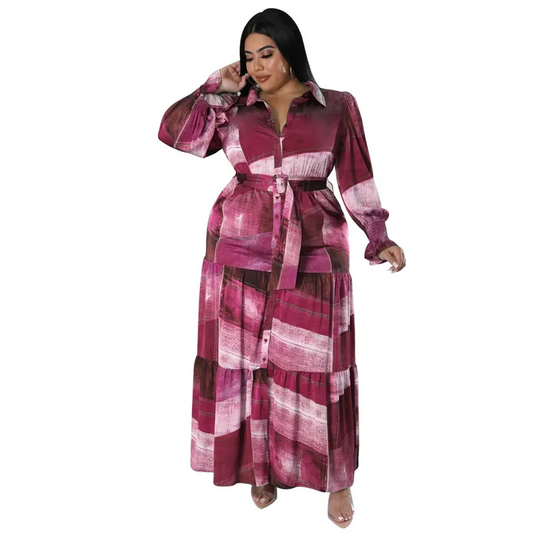 Clarisse Long Sleeve Belted Tiered Button-Down Maxi Dress maxi dress Castello Clothing Line