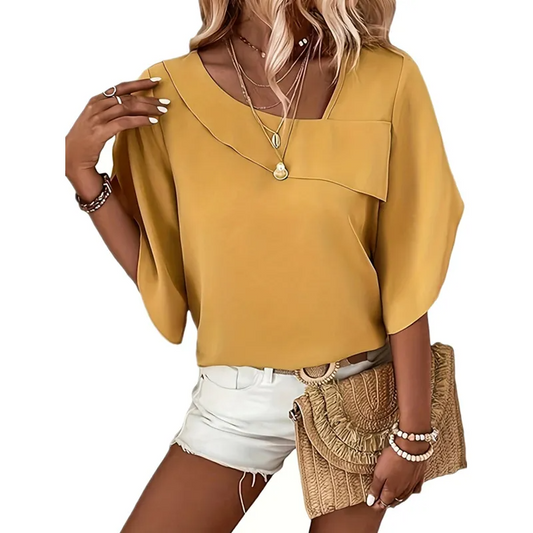 Glow Up Asymmetric Batwing Short Sleeve Blouse Castello Clothing Line