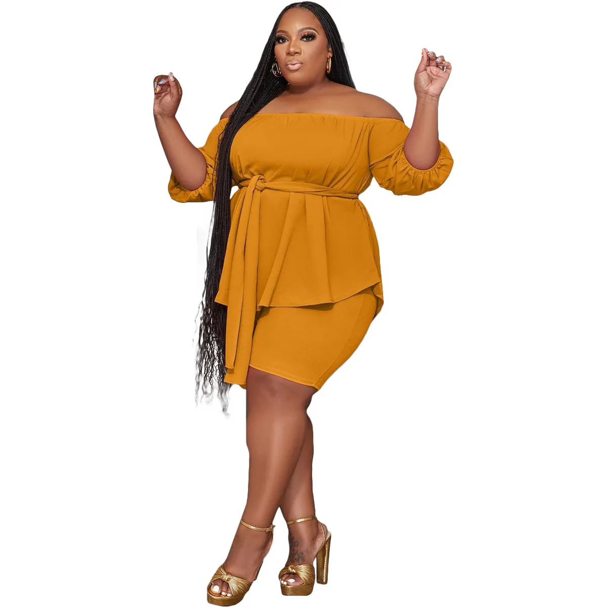 Blaze Plus Size Off-Shoulder Belted Top and Shorts Set  Castello Clothing Line   