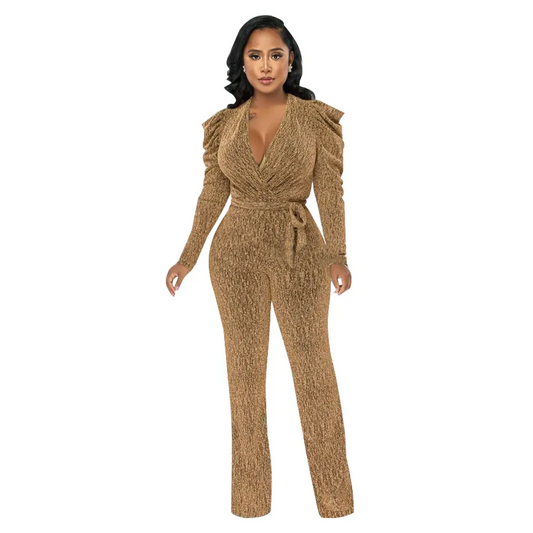 Lexi Ruched Long Sleeve Surplice Knit Jumpsuit women jumpsuits Castello Clothing Line