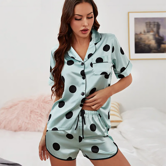 Bubbly Polka Dot Satin Button-Up Top and Shorts Lounge Set  Castello Clothing Line   