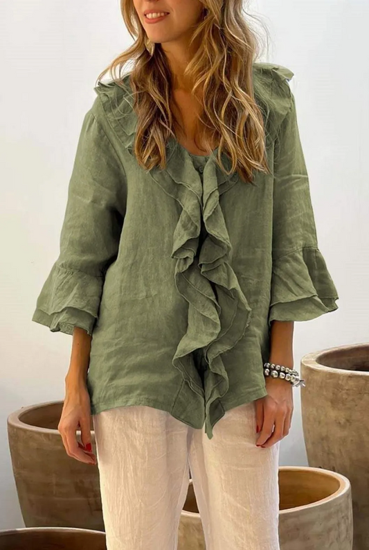 Fleur Ruffle Front 3/4 Sleeve Relaxed Linen Blouse Castello Clothing Line