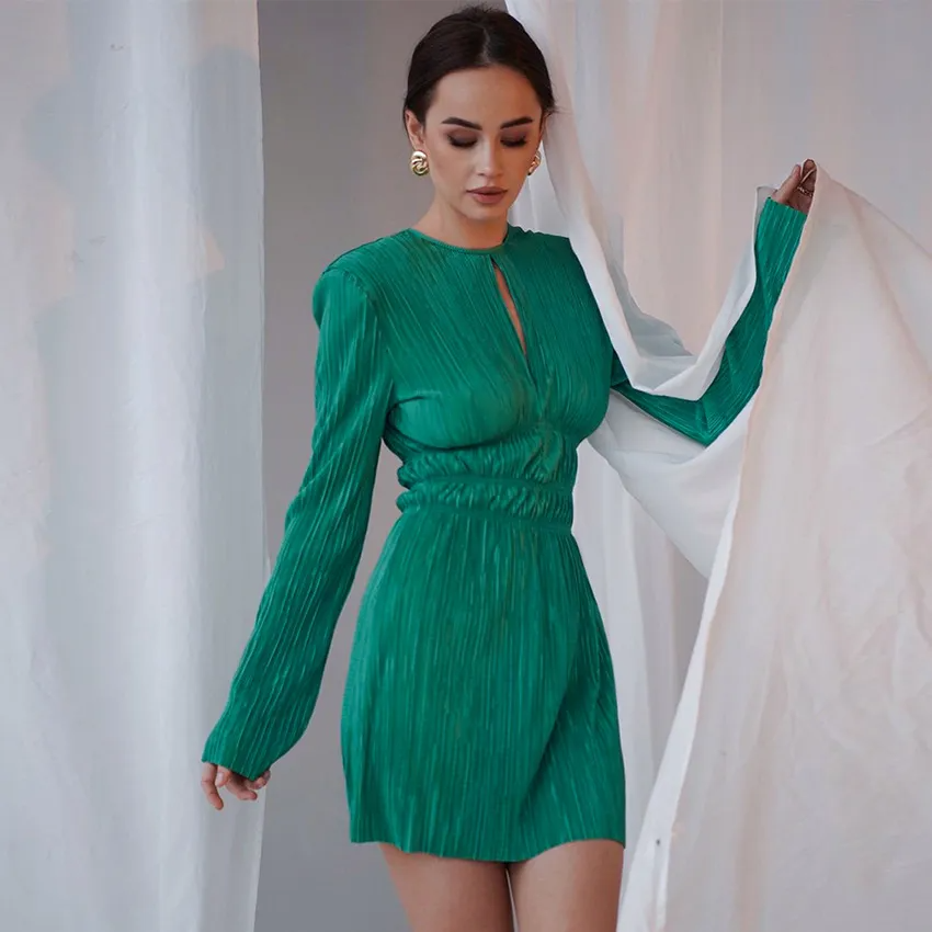 Liora Pleated Long Sleeve Keyhole Mini Dress Castello Clothing Line