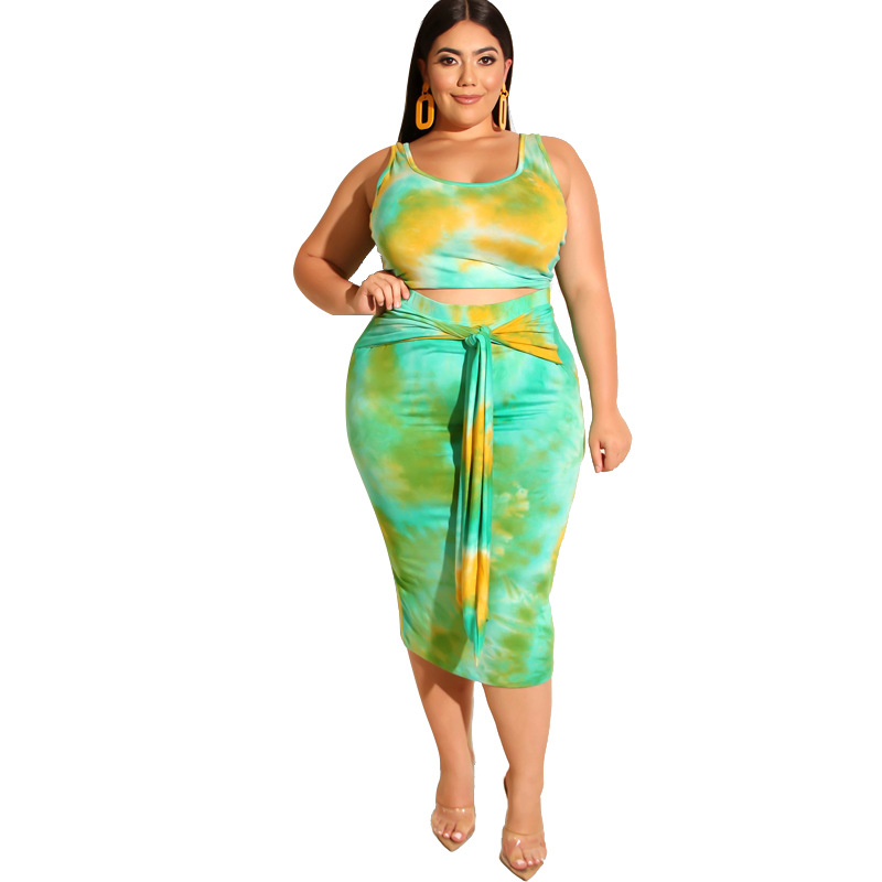 Plus Size Tie Dye Tank Top & Skirt Set - Sleeveless & Front Tie Midi Skirt in Polyester  Castello Clothing Line   