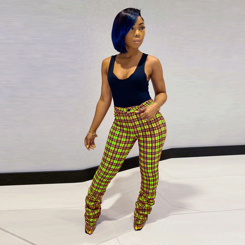 Vienna High-Waist Ruched Plaid Flare Pants Castello Clothing Line